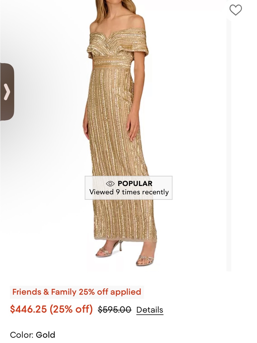 Aidan Mattox Gold Off-the-Shoulder Sequin Gown